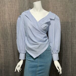 NWOT SHEIN Blue White Striped Puff Sleeve Long Sleeve Blouse Medium